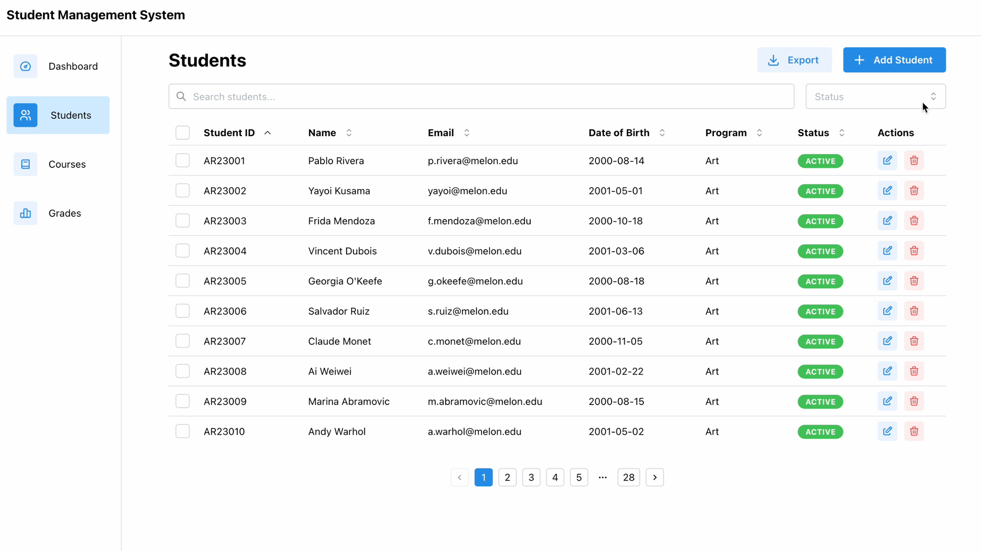 Screenshot of the Student Management System UI